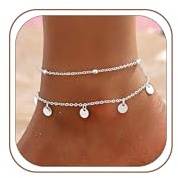 Fußkettchen für Damen Silber 925 Gold Fussketten für Frauen Doppelte Herz Perlen Plättchen Twist Infinity Fußkette Wasserdichtes Verstellbare Fusskette Layered Sommer Strand Fußschmuck Geschenk
