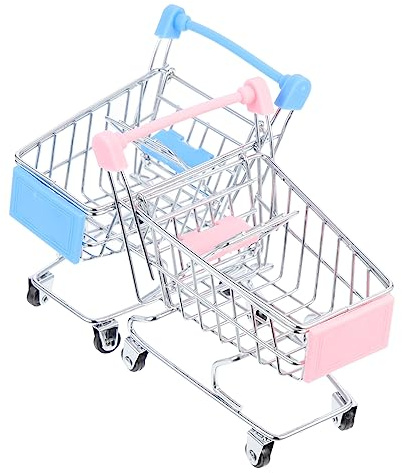 Toyvian Mini Shopping Cart Mini Trolley Supermarket Handcart 2pcs Metal Pink and Sky Blue Small Size 11.5*8.5*12CM Children's Toy Desktop Decoration