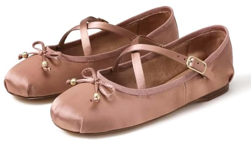 MICIFA Satin Ballet Flats for Women, Cute Bow Mary Jane Shoes with Strap Comfortable Causal Daily Dressy Ballerina Flats Shoes, Pink, 6 UK