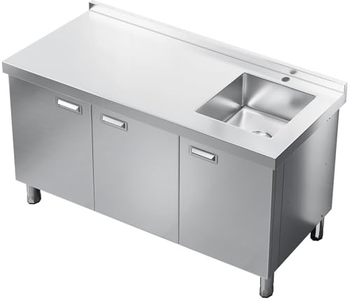 ZZV Stainless Steel Sink with Cabinet, Freestanding Utility Sink with Workbench and Storage, Commercial Kitchen Sink for Outdoor Kitchen, Restaurant, Garage, Laundry Room, 21.66 x 59.06 x 35.43 in