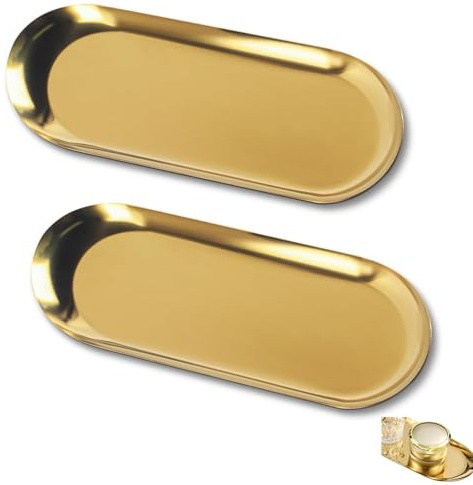 2 Pcs Gold Oval Tray, Stainless Steel Decorative Tray for Jewellery Candle Key Storage, Gold Oval Tray for Coffee Table Vanity Bathroom Makeup Organiser Snack Holder 23 x 9 cm/9 x 3.7 inch -Medium