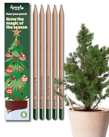 Sprout World Matite Piantabili Set di 5 | Edizione Natale | Pre-temperate | Matite in Legno HB con Varietà di Semi a Tema Invernale | Regalo di Natale
