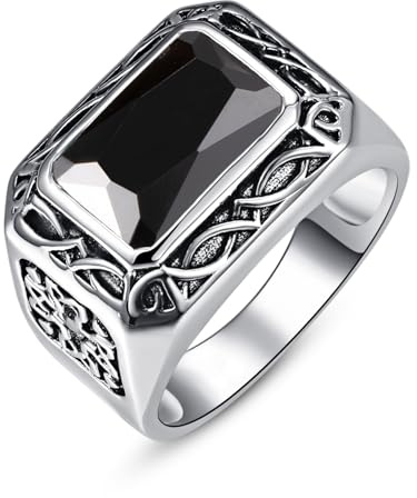 Bonlavie Signet Ring for Men Emerald Cut Black Onyx Ring Mens Engagement Rings Vintage Celtic Silver Gemstone Rings Size S