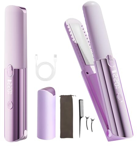 Fer à lisser et à boucler sans fil 3 en 1, mini fer à lisser avec batterie de 5000 mAh pour une longue durée de vie, max 220 °C, fer à lisser portable avec 7 niveaux de température, rechargeable par