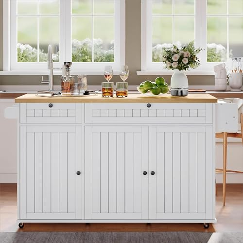 SACOOL Isola cucina con piano di lavoro pieghevole, armadio da cucina su 6 ruote bloccabili, con ripiano, scaffalatura, 2 grandi cassetti e armadio, bianco, 137 x 89,5 x 45 cm