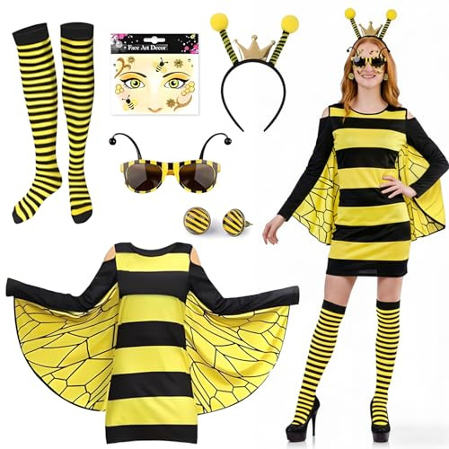 Kefyvbdj Disfraz de Abeja para Adultos Mujer, Vestido Abeja Mujer con Vestido a Rayas Medias, Diadema con Antenas, Adhesivos y Gafas, Disfraz de Carnaval para Fiestas y Cosplay (L)