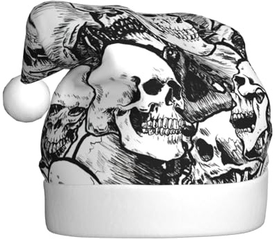 AYYQWE Gorro de Papá Noel con estampado de calaveras en blanco y negro para hombres y mujeres, decoración de fiesta, Año Nuevo, festividades, celebraciones, gorro de Navidad