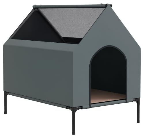 PawHut Dog House Outdoor Elevated Removable Cover for Medium Dogs Grey | Dog Bed, Mesh Windows, Storage Bag, Small Dogs, Dog Kennel