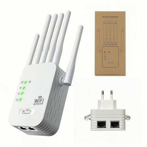 Répéteur WiFi Puissant, Amplificateur WiFi Extérieur – 6 Antennes Haut Gain, Couverture 1200 m², Répéteur/AP Mode, 2 Ports LAN, Idéal pour Grande Maison et Bureau.（White）