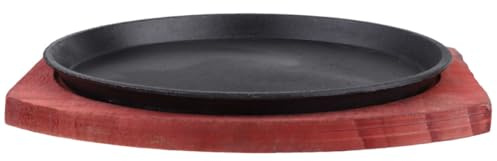 HYTROVE Padella in Ghisa Spessa Antiaderente Rotonda 21 Cm con Piastra in Legno per Bistecche e Barbecue, Padella per Fajitas Adatta a Fornelli a Induzione a Fuoco per Uso Domestico