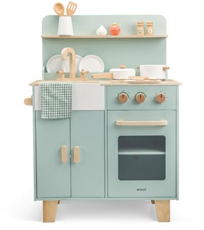 Woet® Beige träleksak kök för barn - med ugn, handfat och tillbehör - imitation köksset - från 3 år (mintgrön)