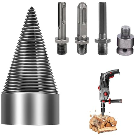 Boutihao 5 Pcs Splitting Wood Cone Drill Bit Set, WoodSplitter DrillBit, Log WoodSplitterDrill 50mm with 4pcs Handles/Shanks, Screw Cone Wood Splitter Wedge for Power Drill, ElectricDrill