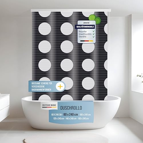 Rapid Teck Halb-Kassetten Duschrollo 80 cm x 240 cm in verschiedenen Designs - Duschvorhang mit Seilzug – moderner Badewannenvorhang – platzsparendes Duschvorhang Rollo