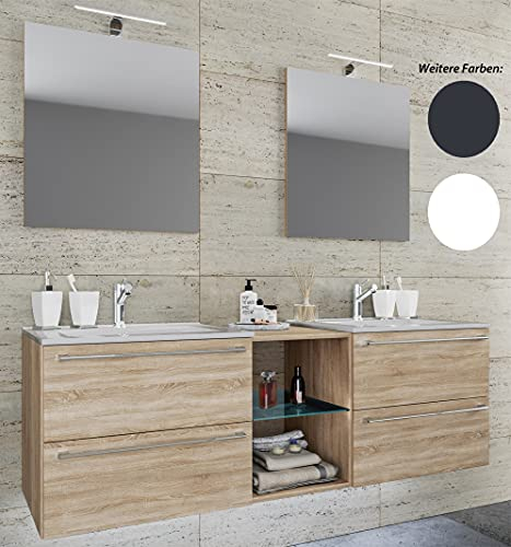 VCM 3-tlg. Set | 2 Waschtisch, 2 Spiegel, 2 Waschbecken, 1 Mittelfach | Keramik Waschbecken | Unterschrank 195 cm | Badmöbel Set Doppel Waschplatz - Badinos XXL white