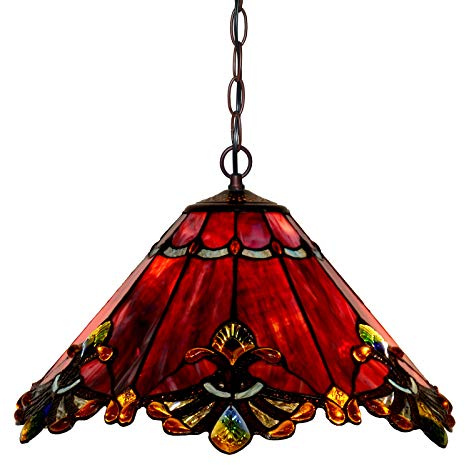 HT Tiffany Style Hanging Pendant Lamp 17 Inch Wide Red Sermon Design Stained Glass Lampshade 2-Light Iron Chain Traditional Handmade Ceiling Pendant Decor for Kitchen Corridor Bedroom Living Room