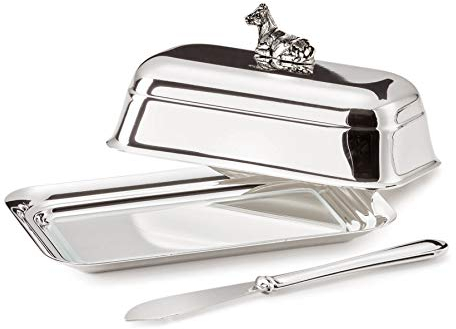EDZARD Mantequillera / Mantequera Vaca, 8 x 13 cm, para 180 gramos de mantequilla, plateada, resistente al deslustre, con inserto panel de vidrio, incl. cuchillo para mantequilla