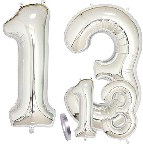 zooting Luftballons Zahl 13 Geburtstag XXL Silber - Riesen Folienballon Figuren in 2 Größen 40 & 16 | Set XXL 100cm + Mini 40cm Version Geburtstagsdeko | Vier Zahlen | Ideal zum 13. als Deko