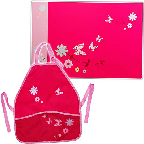 alles-meine.de GmbH Set: große - Schreibtischunterlage + Schürze - Blumen & Schmetterlinge - Kinderschürze - Unterlage - 60 cm * 40 cm - abwischbar - Schreibunterlage/Bastelsch..