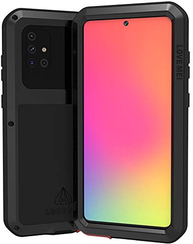 FONREST Ganzkörper Hülle für Samsung Galaxy A71 6,7-Zoll Love MEI Stoßfest Schwerlast Draussen Hybrid Aluminium Metall Staubdicht Case mit Hartglas, Unterstützt drahtloses Laden(Schwarz)