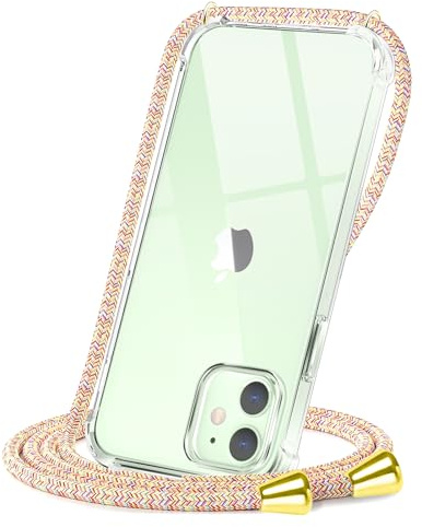 CAROKI Crossbody Case for iPhone 12/12 Pro, Necklace Mobile Phone Cover with Cord Strap, Clear Transparent TPU Soft Cover Holder with Neck Cord Lanyard Strap - Rainbow