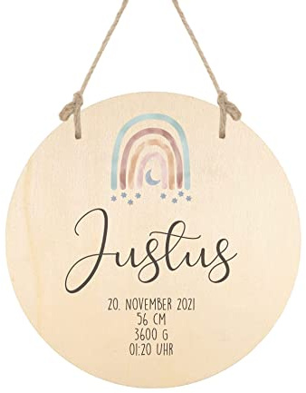 Manufaktur Liebevoll personalisiertes Namensschild aus Holz - Türschild für das Kinderzimmer - Regenbogenmotiv - Geschenk für Mädchen und Jungen (Motiv Justus Geburt)