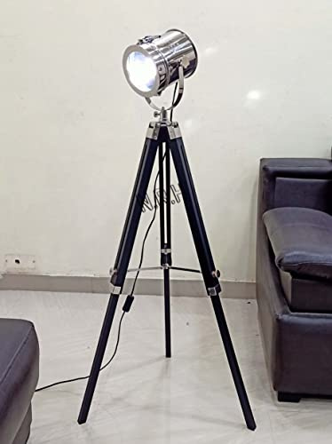 Lampadaire de cinéma sur trépied en bois - Style nautique industriel rétro - Noir