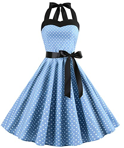Abito vintage anni 50 a pois da donna - da cocktail con motivo floreale Rockabilly Audrey Hepburn per ballo di fine anno Taglia, Azzurro, XL