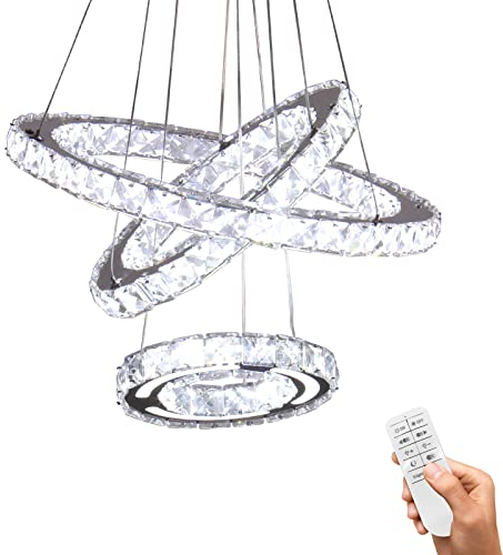 CXGLEAMING Moderna Lampada da soffitto in cristallo con regolabile 3 anelli Lampadario a sospensione Plafoniera a LED Dimmerabile Lampadario per soggiorno cucina cameretta(Telecomando)