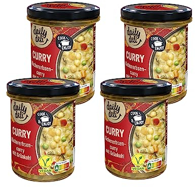 4 x Daily Deli Kichererbsencurry | Fertiggericht mit Grünkohl im 380g Glas | Hergestellt mit 100% Ökostrom | Daily Deli - mit deinem Löffel um die Welt