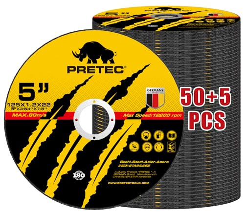Cut Off Wheels 5, PRETEC 50+5 Pack Metal Cutting Wheel,Thin 125mm Metal & Stainless Steel Fast Cutting Discs for Angle Grinder - 7/8 Arbor Hole, 5 x 1/24 x 7/8 55 PCS