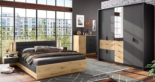 Camera Matrimoniale con Armadio ad Ante Battenti Letto 160x200cm Contenitore con Comodini Integrati e Cassettiera Set Arredo Moderno Rovere ed Antracite CDLI30 (Letto + materasso)