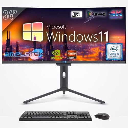SIMPLETEK - All in One PC mit 34 4K Wide Curved Bildschirm | Intel Core i5 Prozessor | Windows 11 Pro | 4GB RAM SSD 240GB | GT710 2GB | Integrierte 2K Webcam