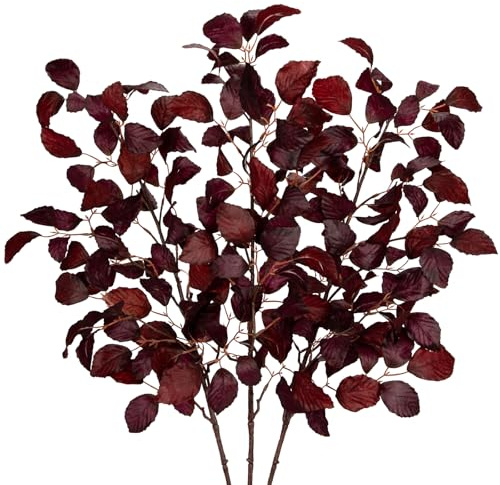 Briful Lot de 3 feuilles d'automne artificielles Fagus Sylvatica Décoration d'automne, branches artificielles longues tiges pour compositions florales Décoration d'automne, bordeaux