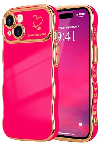 LCHULLE Cover per iPhone 15 Plus Cuore Custodia Ondulata,Rosa rossa | Cover cuori d'amore,Custodia con design ondulata e riccia,Protezione della fotocamera galvanizzata Cover,Wavy Heart Case