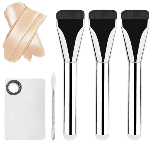 3 Stück Foundation Pinsel mit 1 Foundation-Palette & 1 Foundation-Spatel Set, Ultra Thin Foundation Brush, Flacher Makeup Concealer Brush, Make-up Pinsel für Frauen Mädchen