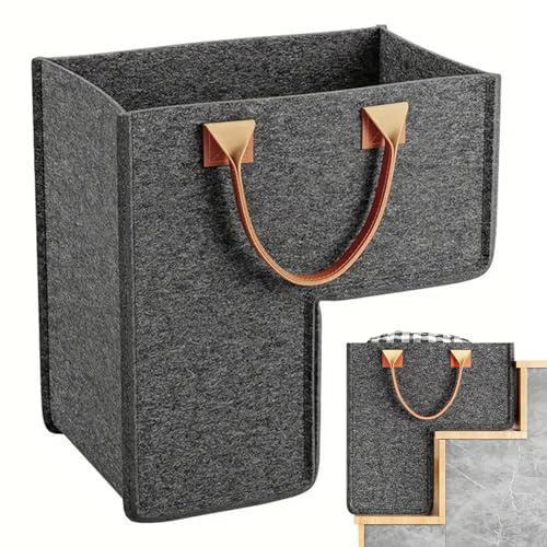 Stair Basket, Foldable L-Shape Staircase Basket Organiser, Felt Stair Storage Bag With PU Leather Handle, Large Stair Tidy Basket For Laundry, Toys, Household Items, Dark Gray