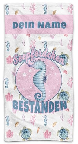 Print Royal PR Kinder-Handtuch mit Name personalisiert - Seepferdchen bestanden - Rosa, Geschenk für Mädchen, Schwimmunterricht, Handtuch Personalisieren | 50 x 100 cm