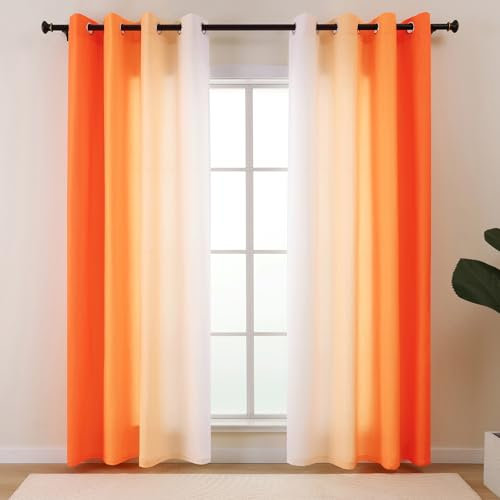 L.Z.E Cortina de privacidad translúcida en Color Naranja y Blanco, Cortinas para salón, Dormitorio, habitación Infantil, privacidad, Juego de 2 Unidades, Degradado de Color, Cortinas con Ojales, 225