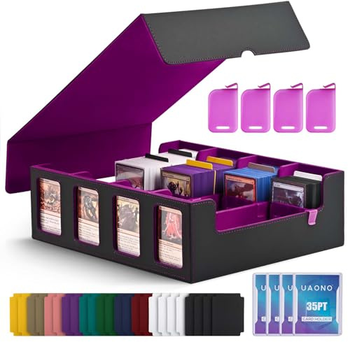 UAONO Kartenbox für Trading Cards, 2400+ Karten mit Display-Fenster | Magnetdeckel, 24 Teiler, 4 Top loader, Kartenaufbewahrung für MTG Commander Magic TCG PTCG,Schwarz/Lila