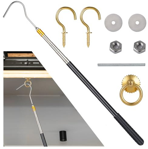 Kit per sistema di tirata per scale da soffitta, set di ganci di ricambio per funi con asta di estensione da 152 cm e manico in rame