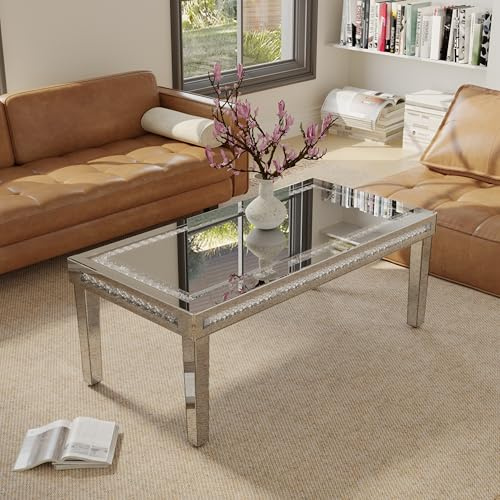 Artloge Couchtisch Silber Kristall Glas: Verspiegelte Couchtisch Kristall Beistelltisch rechteckig 120×60×45 cm, Luxus Glastisch Diamant Wohnzimmertisch für Wohnzimmer