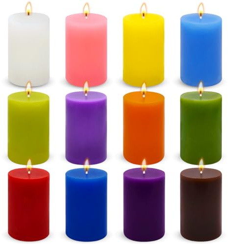 12 Pack 2x3 Inch Pillar Candles, Unscented Column Candles for Home Restaurants Spa Church Weddings, Smokeless Dripless and Clean Burning Emergency Candle - Mult Color