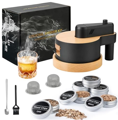 Jettory Whisky Smoker Set mit Brenner – 6 Sorten Holzchips, Eichenholz Smoker mit Basis, 2 Metallfilter, Smoker Kit für Old Fashioned & Whiskey Geschenke für Männer (Ohne Butan)