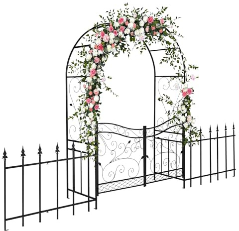 LEADZM Rosenbogen mit Tür und Zaun – 348x58x220 cm – Stabile und wetterfeste Metall-Rosenbogen für Kletterpflanzen, Garten und Hochzeit, Schwarz
