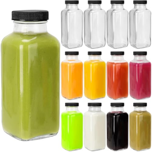Lot de 12 bouteilles vides en verre de 355 ml avec couvercles, pour jus de lait | Bouteilles de 350 ml avec couvercles pour eau, boissons