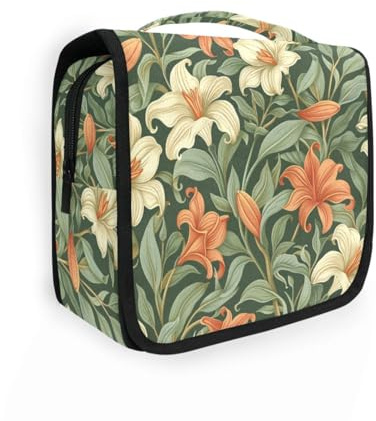 Bolsa de maquillaje vintage con diseño de lirio naranja y hojas verdes, con gancho para colgar, bolsa de medicina para inodoro