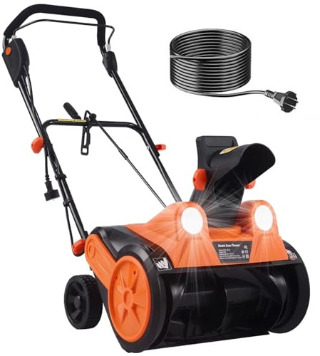 Electric Snow Shovel, 18” Corded Snow Blower, 18 X 10 Inch Clearing Path, 25 Feet Throwing Distance, LED Headlights, Power Cord, Snow Removal Machine