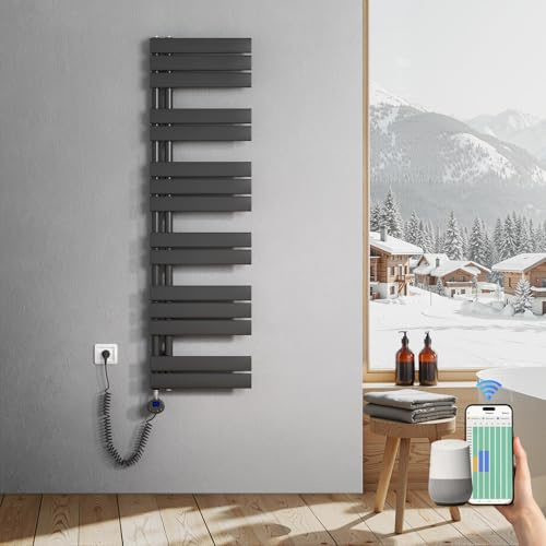 Heilmetz Badheizkörper Elektrisch 1385 x 400mm Anthrazit mit WIFI Smart Heizstab 600W, Flach Handtuchwärmer Elektrischer Handtuchheizkörper mit Smartes Heizelement für Handtuchtrockner APP-Steuerung