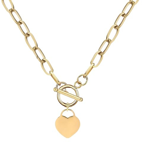 925 Sterling Silver Coin Toggle Necklace For Women, Paperclip Chain Padlock Pendant - Lock And Key, Heart,