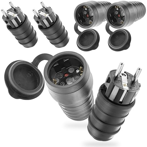 Poppstar 3x Schuko Stecker 250V / 3x Gummi Kupplung Set mit Knickschutz, (2-polig, 230V, 16A, IP44), wasserdicht für Außenbereich, schwarz